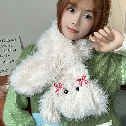 Cute Cartoon Dog Plush Scarf Bow Fashion Solid Color All-match Scarf Women's Furry Autumn and Winter Warm