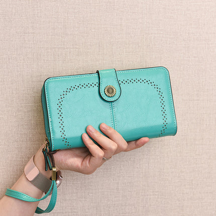 Foreign Trade New Fashion Women's Coin Purse Oil Wax Leather Handbag Long Zipper Mobile Phone Card Holder Short Coin