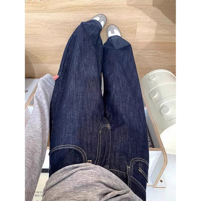 American Retro Loose Wide-Leg Jeans for Women, Spring Plus-Size High-Waisted Slimming Drape Floor-Length Versatile Straight Pants