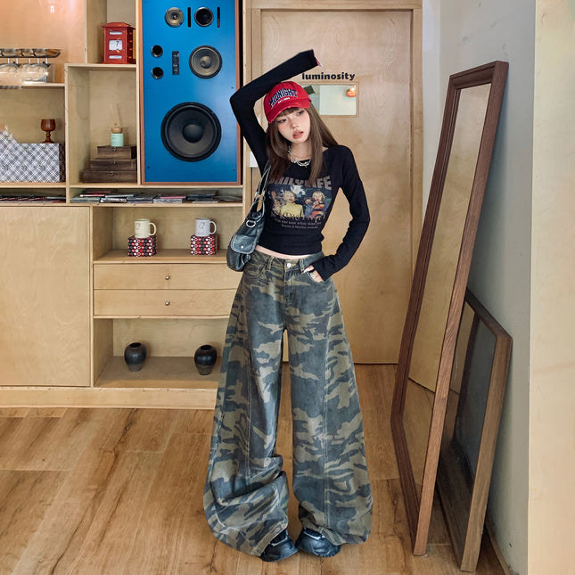 American High Street Camouflage Scimitar Wide-Leg Pants for Women 2025 Autumn and Winter New Loose High-Waist Slim Floor-Length Jeans