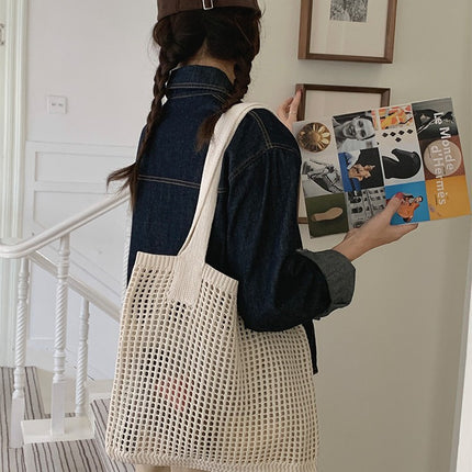 Han Feng Chic Hollow Woven Bag Fishing Net Bag Casual All-match Tote Bag Knitted Bag Shoulder Bag Holiday Beach Bag