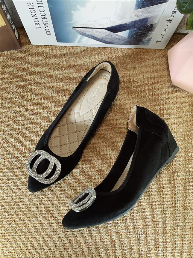 Women's Height-Increasing Shoes 2026 Spring New Suede Rhinestone Pointed Toe Shallow Wedge Comfortable Trendy Loafers