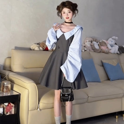 Korean Style One-Shoulder Lantern Sleeve Off-Shoulder A-Line Skirt for Female Students Summer New Stripesd Fake Two-Piece Dress Trendy