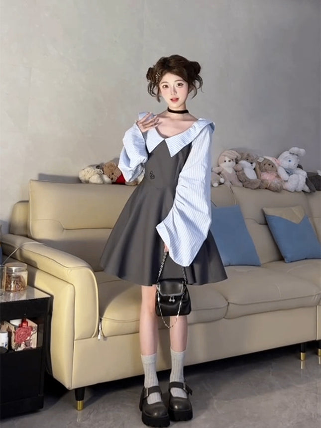 Korean Style One-Shoulder Lantern Sleeve Off-Shoulder A-Line Skirt for Female Students Summer New Stripesd Fake Two-Piece Dress Trendy