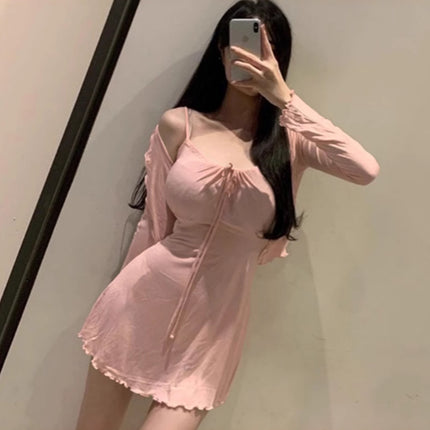 Korean Dongdaemun Gentle and Sexy Little Woman Comfortable Thin Cardigan + Waist-Cinching Figure-Flattering Ruffle Strap Dress