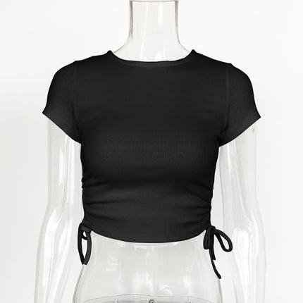 2025 Summer New Amazon European and American Women's Crewneck Drawstring Short-sleeved T-shirt Cotton Rib Slim Fit Crop Top