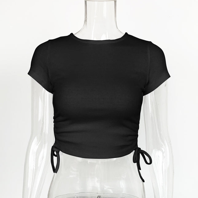 2025 Summer New Amazon European and American Women's Crewneck Drawstring Short-sleeved T-shirt Cotton Rib Slim Fit Crop Top