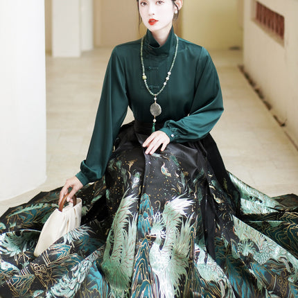 New Chinese Ming Han clothing suit 2024 Spring stand collar two-way shirt top green feather woven gold makeup flower vest skirt