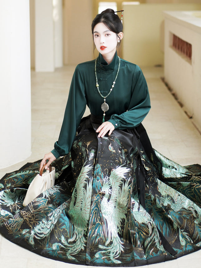 Chinese Hanfu Ming Style Suit Green Jacket Fleece Feather Vest Skirt Woolen Coat Embroidery Lace-Up S-4XL / Ensemble Hanfu Chinois Style Ming Veste Verte Gilet Plumes Manteau Laine Broderie S-4XL