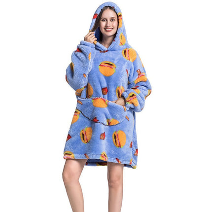 Cross-border New Printed Flannel Pullover Adult Cotton Velvet Lazy Clothing Cape Nightgown Warm Thickened Cold-proof Clothing