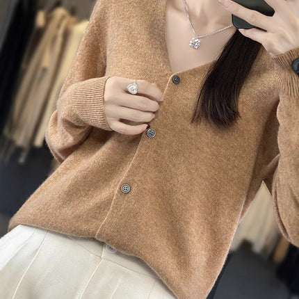 V-Neck Wool Knitwear for Women, Ready-Made Thin Autumn and Winter Work Clothing Slimming Look Elegant with 100% Wool Cardigan