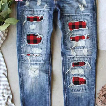 Cross-Border Amazon Hot-Selling European and American Women's Ripped Printed Patch Jeans Mid-Waist Straight Pants in Stock