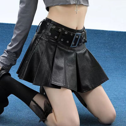 American-Style Pleated Skirt 2024 Autumn and Winter New Plus-Size High-Waisted Slimming Pu Short Pleated Skirt for Women