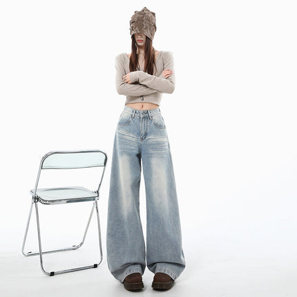 Light Blue Women's Jeans Autumn New American Design Loose Slimming Drapey Lazy Floor-Length Wide-Leg Pants