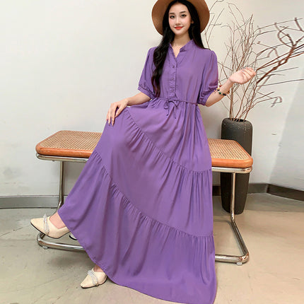 Cross-border chubby girl Super plus size Women's Dress Southeast Asian Short-sleeved Cotton Silk Large Swing Dress Mid-sleeved Beach Dress