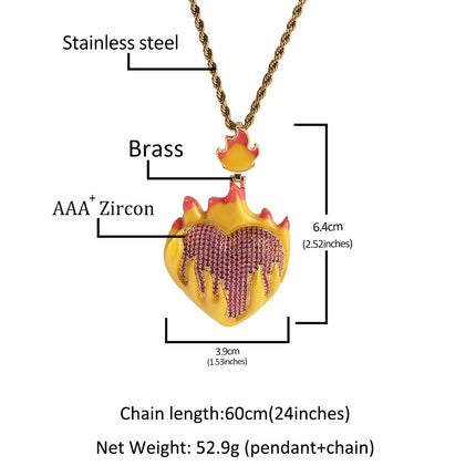 European and American Hip Hop Oil Dropping Love Sweater Necklace Oil Dropping Luminous Ice and Fire Heart-shaped Fashion Didi Bouncer Pendant Necklace