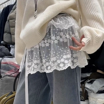 White Mesh Lace Fart Curtain Women's Hem Stacked Wear with Hip Covering Atmosphere Sense Slimming High Waist Lace Skirt