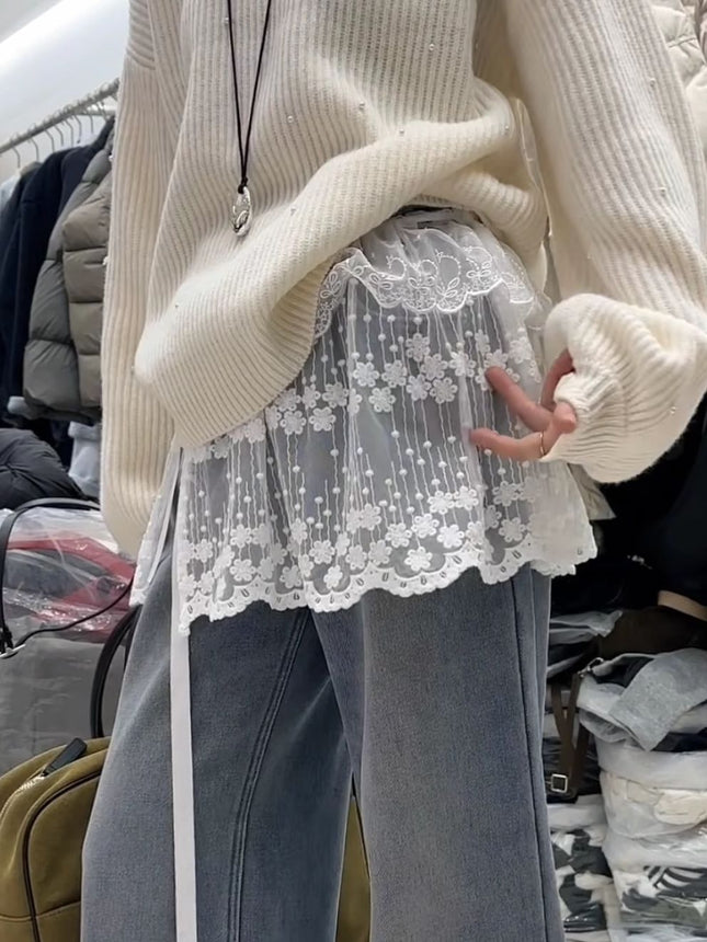 White Mesh Lace Fart Curtain Women's Hem Stacked Wear with Hip Covering Atmosphere Sense Slimming High Waist Lace Skirt