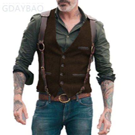 High-Quality Foreign Trade European and American Cross-Border Hot-Selling Products 2026 New Model Men's Casual Vest Solid Color Herringbone Wool Vest
