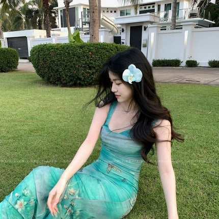 French Green Printed Swing Collar Suspender Dress for Women's Summer Seaside Vacation, Beautiful Slim Fishtail Hip-Hugging Long Skirt