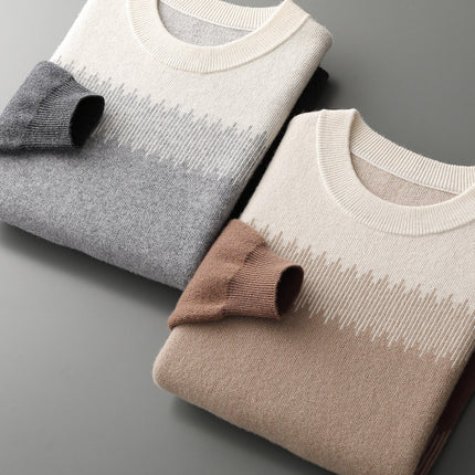 2025 New Autumn and Winter 100% Pure Wool Sweater Men's Thickeneded Contrasting Color Sweater Pullover Warm and Versatile Knitted Bottoming Shirt