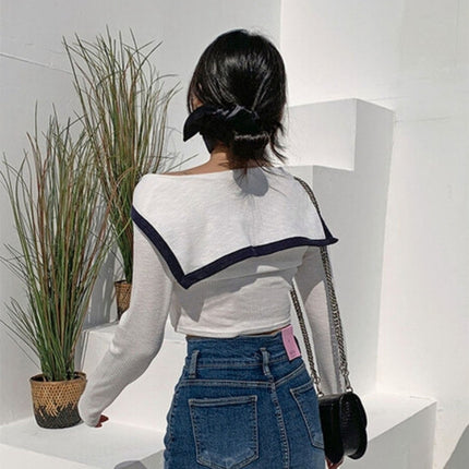 South Korea Spring and Summer New Elegant All-match Color Matching Navy Collar Short Figure Styliky All-match Long-sleeved T-shirt for Women