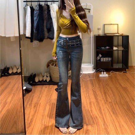 Vintage Blue Belted Flared Jeans for Women Trendy Versatile New High-Waisted Slimming Stretchy Butt-Lifting Wide-Leg Pants