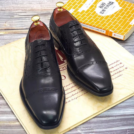 New Top-Layer Genuine Leather Men's Business Formal Shoes with Carved Square Toe Brogue Handmade Oxford Shoes