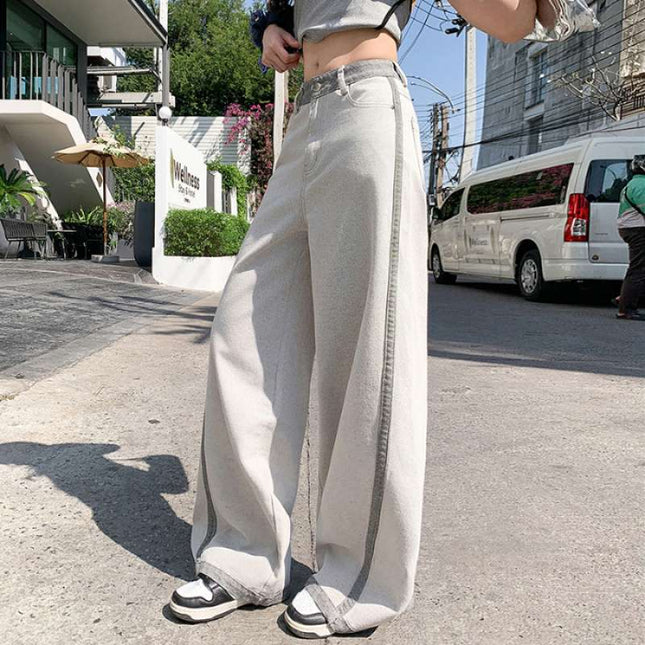 Wholesale Dropshipping Trendy Design Color-Blocking High-Waisted Wide-Leg Jeans for Women Spring and Summer Loose Slimming Floor-Length
