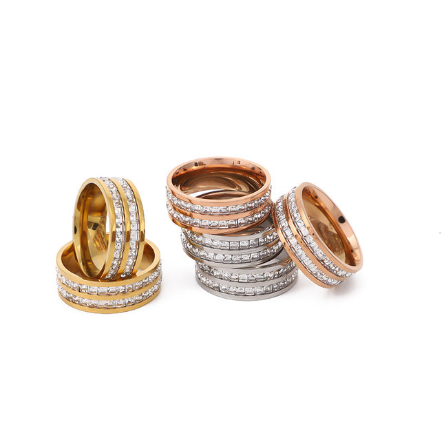 European and American cross-border stainless steel ring single ring diamond titanium steel double row Diamond couple full Diamond Fashion Jewelry