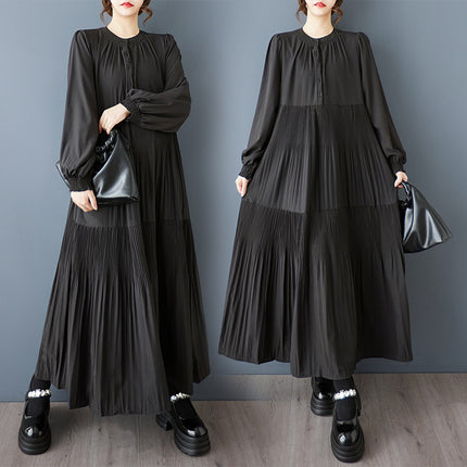 Real shot spring and autumn new dark style solid color long sleeve dress pleated loose fashion plus size women's dress dress