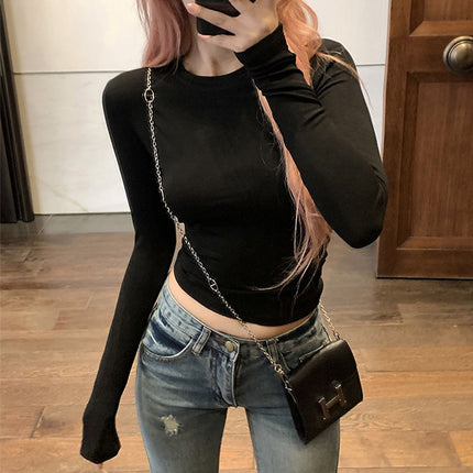 Trendy Slim-Fit Long-Sleeve T-Shirt for Women, Autumn Slimming Round-Neck Short Top, Sexy Base Layer Shirt