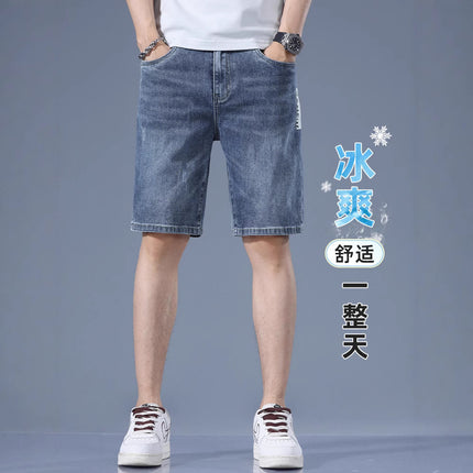 Denim Shorts Men's Summer Ultra-thin Five-point Pants Stretch Trendy Brand Loose Straight Middle Pants Men's 2025 New Arrival