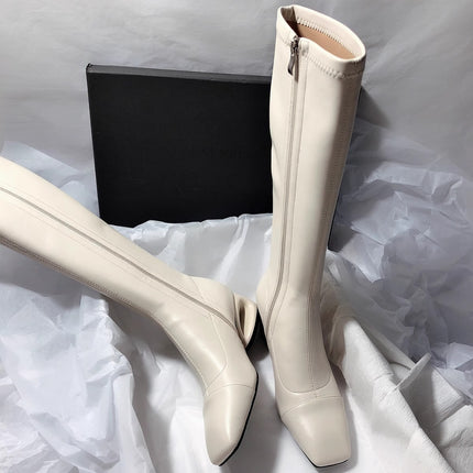 Minimalist Style ~ Small Square Toe Thick Heel Boots for Women, No More Than Knee Soft Leather Boots for Women, Simple White High Boots for Women