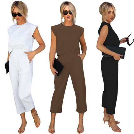 Yd8753-A1 European and American Clothing Amazon New Fashion Casual Pure Color Nine-Point Pants Two-Piece Set Cross-Border Women