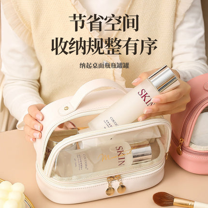 New Transparent Cosmetic Toiletry Bag Satchel Pu Bath Bag Waterproof Large Capacity Cosmetics Bag Pvc Splicing Cosmetic Bag