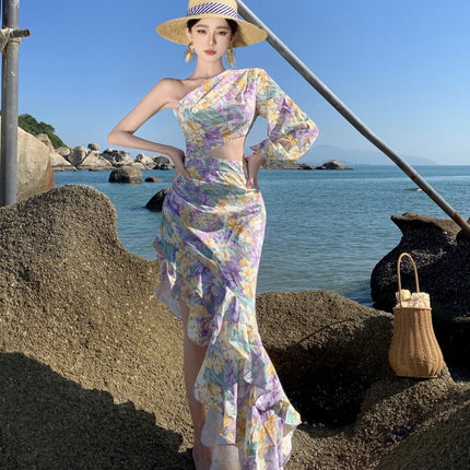 Real Shot New Sexy Slant Shoulder Open Waist dress Holiday Elegant Irregular Ruffled Single Sleeve Dress
