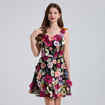 Real Shot of 6 Colors European Heavy Embroidery Floral Slim-Fit Spaghetti Strap Dress Niche Mini Dress