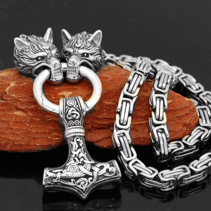 Popular Foreign Trade Viking Wolf Jewelry Stainless Steel Chain Thor Hammer Pendant Necklace Men's Sweater Chain Wholesale Dropshipping