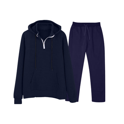 European and American Cross-Border Long-Sleeved Waffle Top Aliexpress Solid Color Drawstring Pocket Hoodie Sweatshirt and Sweatpants Set