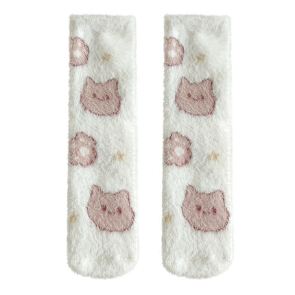 Mink velvet socks for women autumn and winter thickened warm cute home cartoon plush sleeping floor mid-calf confinement socks