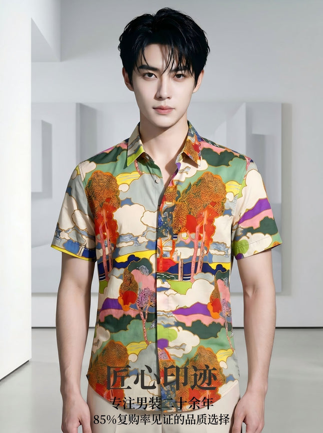 Light Luxury Handsome Men's Clothing Men's Trendy Versatile Shirts Digital Printing Men's Short-Sleeved Shirts Light Luxury and High-End
