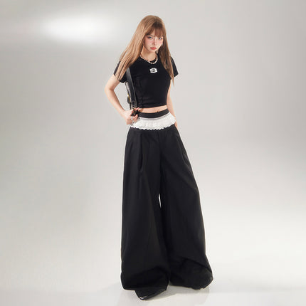 Raccoon House # American Retro High-Waisted Lace Splicing Wide-Leg Pants Versatile Drape Floor-Length Dress Pants Casual Pants for Women