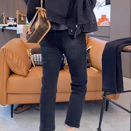 Autumn New High Waist Retro Stretch Straight Jeans plus size Styliky All-match Slim-fit Rouge Cropped Pipe Pants