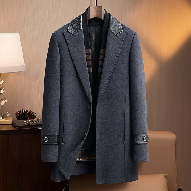 Genuine Leather Collar Double-Sided Wool Outwear for Men, Autumn and Winter Trendyy Removable Goose down Liner Woolen Outwear, Large Size Men's Clothing