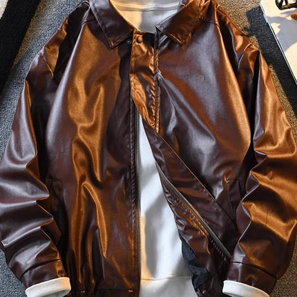 American retro motorcycle leather coat men's high-end feeling ruffian handsome lapel clip flow handsome top home figure# PU02