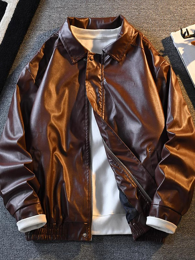 American retro motorcycle leather coat men's high-end feeling ruffian handsome lapel clip flow handsome top home figure# PU02