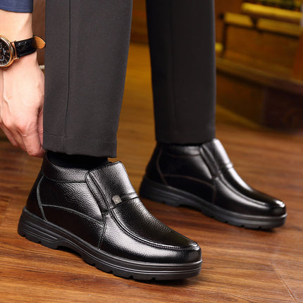 Men's Winter Warm fleece-lined Thickened High-top Leather Shoes Leather Casual Middle-aged and Elderly Dad Shoes
