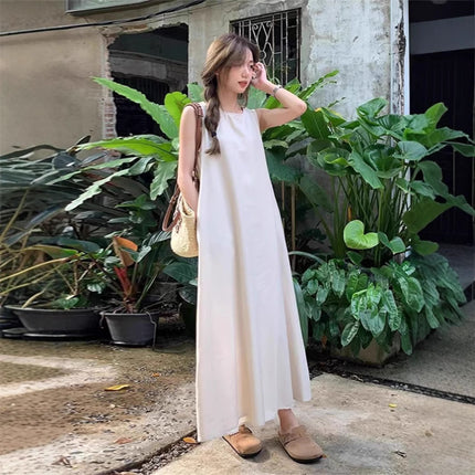 Design Sense Niche Back Hollow Sleeveless dress Women's New Summer Loose Crewneck Mid-length Vest Skirt