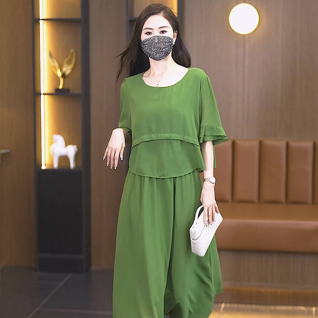 plus size Women's 2024 Summer New Fashion Celebrity Style Elegant Loose Slimming Green Round Neck dress